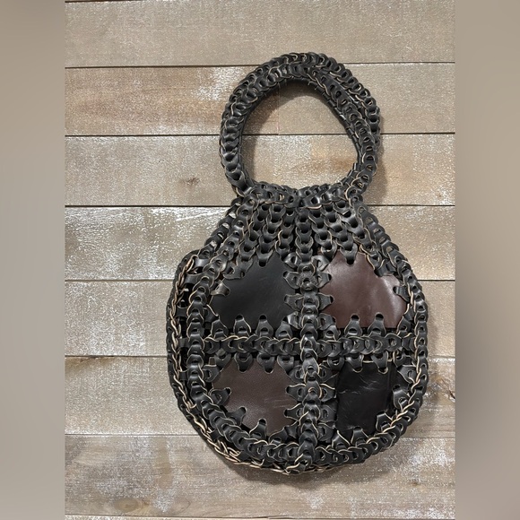 Leather Double big Woven 60s Vintage boho rustic handbag tote - Picture 2 of 12